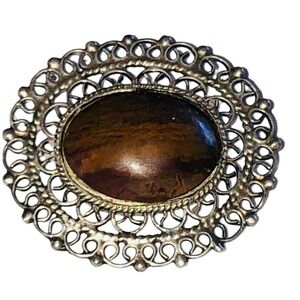 Vintage Jose Luis Flores JLF 925 Sterling Silver Taxco Petrified Wood Brooch